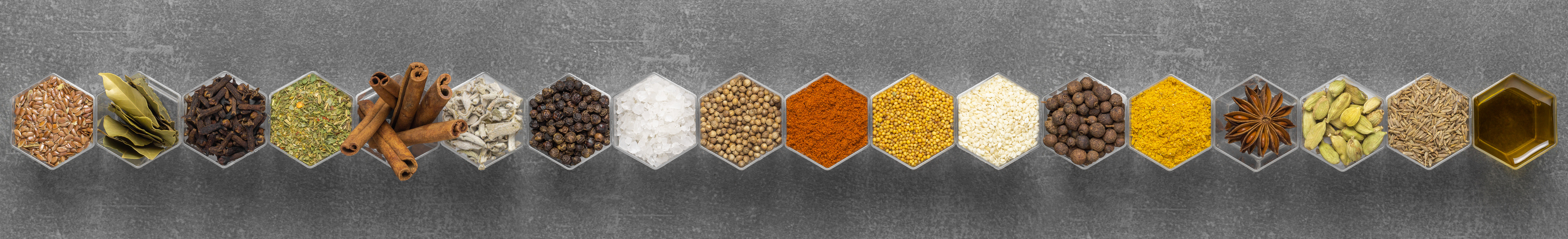 Spices in Hexagonal Jars Flatlay
